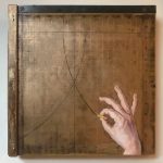 Uncut 14×13.5×2, 2018 Laurie Lisonbee, Uncut, 14" x 13.5" x 2", oil and wax on antique paper cutter, 2018