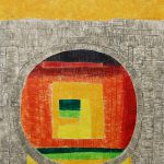 Abstract design with a large red, black and yellow circle in the lower two-thirds of the print. A small crescent shape floats above the circle on an amber background.