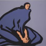 Kneeling woman with hands clasped sits in three quarter profile facing right. She is dressed in a deep blue full length dress sketched in heavy black outline on a purple background.