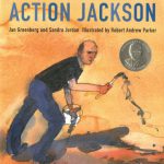 Book cover. Illustration of Jackson Pollack holding a paint can and a paint brush over a large canvas as paint splatters off the brush. 