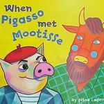 Book cover. Illustration of a pig in a red beret and a Moose in a green plaid shirt and glasses. Both standing upright.