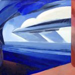 BreakupOnTheJetty_cropped Predominantly blue, blue gray and white abstract figures, red column on right side of painting