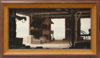1997.001.0017 Oil painting of the interior of an open blacksmith shop, complete with the tools of the trade including a lit forge and chimney in the center. Beyond the shop is an arid landscape with what appear to be mountains in the distance.