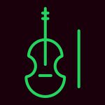 Black background, green icon of upright violin