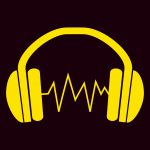Black background, yellow icon of headphones