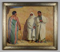 988.001.0198_Front_1 Three male Native American figures, one with his back to the viewer, facing the other, two wearing a green robe or blanket with red and white vertical stripes and holding a braided whip in his proper right hand, the other two wearing white, standing against an adobe wall.