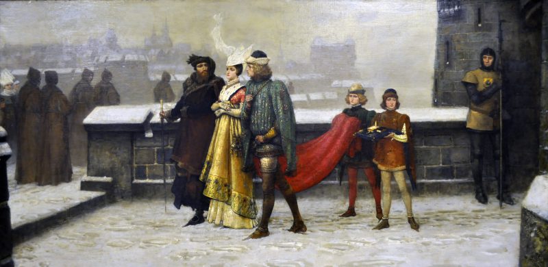 Of the work, Boughton commented that he tried to capture a 13th century French town in the winter where a number of richly-dressed figures are depicted on their progress to church. The focus of the work is a well-dressed woman, surrounded by her admirers and attendants. The earnest expression of her suitors is rebuffed by the cold look of disinterest from the lady that mirrors the frigid townscape. 