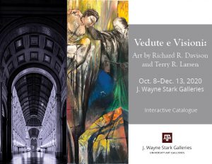 Graphic of catalogue cover. On the left is a black and white photograph of a long narrow church sanctuary in Italy, with tall walls made of stone. On the right is a colorful painting in with reds, yellows, blues, and greens. An unclothed man is sitting atop a large stone structure and a cloaked and masked man has his hand on his shoulder and a wand of sorts in his other gloved hand.