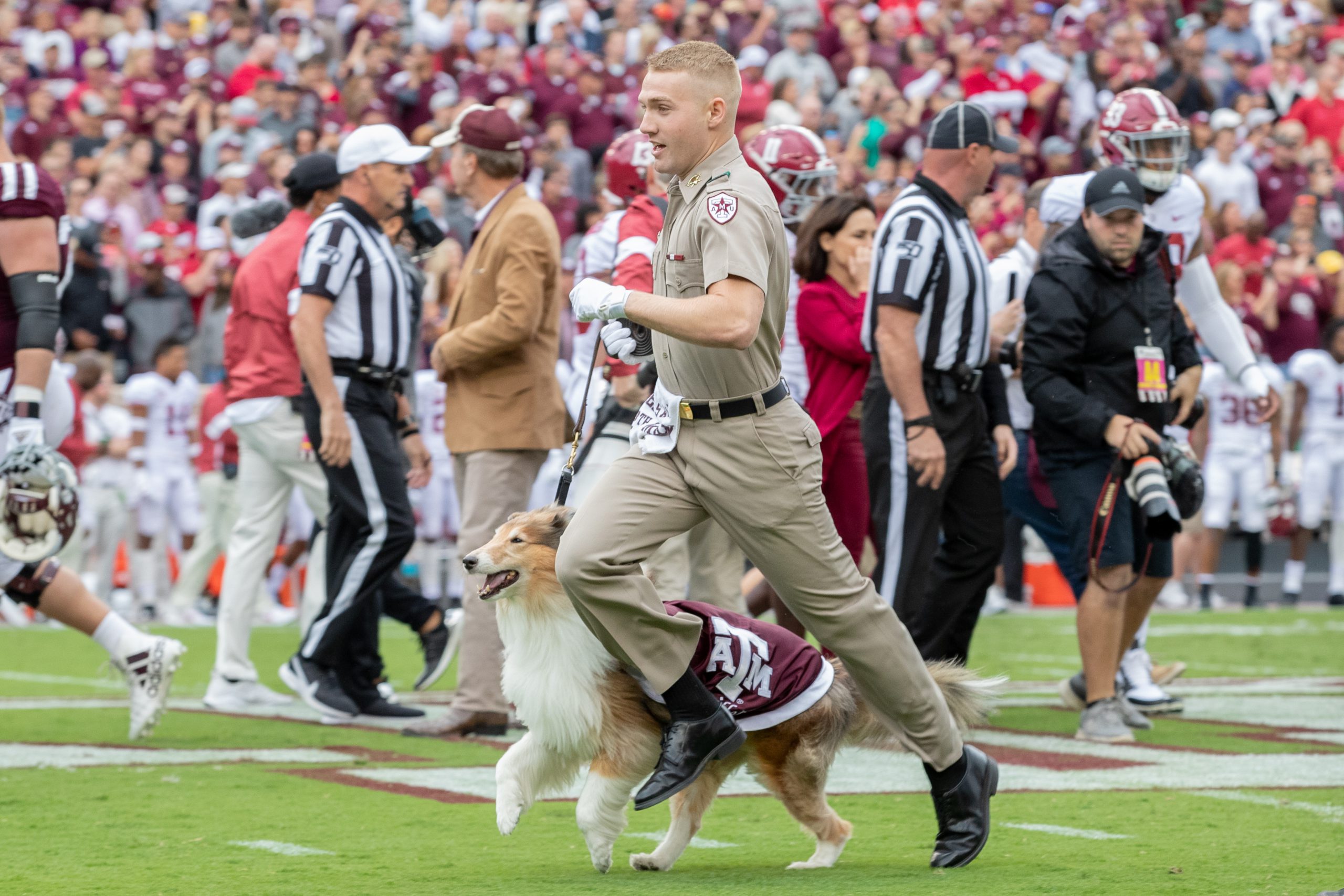 Photograph of Reveille running and smiling on Kyle Field. Her handler is running beside her in his Corps uniform. Football players, coaches, referees, and fans can be seen in the background. 