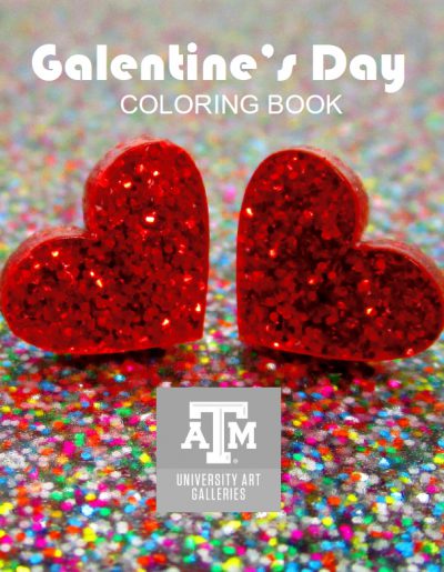 Color photograph of two red, glitter covered hearts on a surface covered in multi-colored glitter. The text at the top in white reads "Galentine's Day Coloring Book"