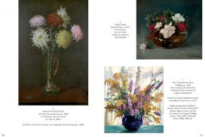 Sample view of a spread in the catalogue. The left hand page has a tall vase with flowers in it. The right hand page has two pictures of flowers in pots.