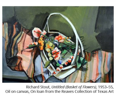 Picture of a white basket of pink, orange, and blue flowers. There is a brightly colored striped tablecloth under the basket. Text reads, Richard Stout, Untitled (Basket of Flowers), 1953–55, Oil on canvas, On loan from the Reaves Collection of Texas Art.