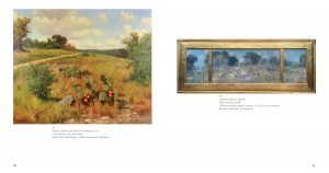 Image of a spread inside the exhibition catalogue. On the left hand page is a painting of the hill country landscape with cactus and brush. On the right is a triptych of a Texas pasture with cactus in a muted gold frame. 