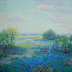 Landscape painting of a field of blue wildflowers, green trees, and a light blue sky with scattered clouds.