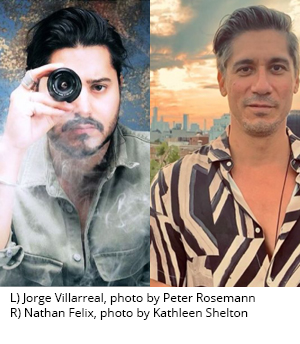 Two color photographs side by side. The photo on the left is Jorge Villarreal. He is holding a camera lens over one eye and there is white smoke billowing around him. The photo on the right shows Nathan Felix with an orange sky, clouds, and a city skyline behind him.
