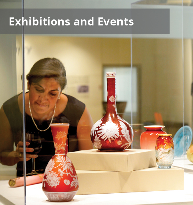 Text reads: Exhibitions and Events. Background: Color photograph of a female looking at glass objects in a case.