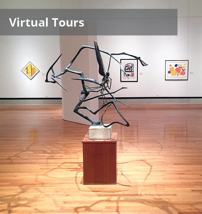 Text reads: Virtual Tours. Background: Color photograph of interior view of the Stark Galleries. There is a large, spider-like metal sculpture in the foreground on a wooden pedestal. There are geometric paintings and artworks hanging on the walls behind it.