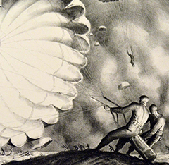 Black and white illustration of parachutists. Two figures in the foreground are harnessing a parachute in the wind. Other parachutists are floating from the sky.