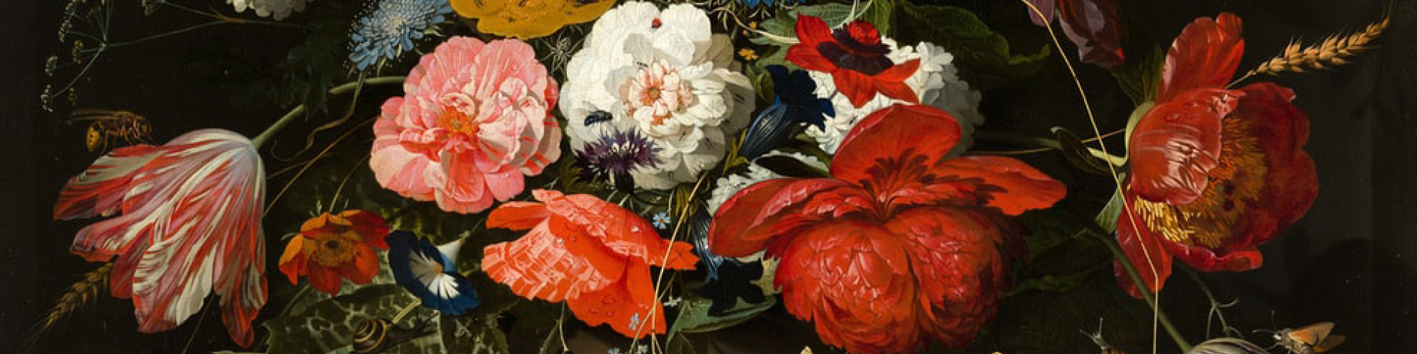 Make It ‘Til You Fake It_Web Slider_notext Renaissance painting of bright floral flowers in a round vase. The flowers are depicted in colors of red, white, and purples and blues. The background is dark black.