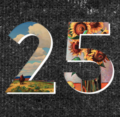 Black heather background. The number 25 is in the center. The 2 has a paining inside its borders of a large blue sky with clouds and Native Americans on horeseback. The 5 has a painting of bright yellow sunflowers in a vase with a lemon on a table to the left.