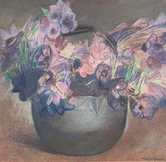 Pastel of still life flowers in a pot. Flowers are hues of purple, pink and blue. 