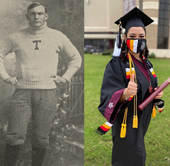 Two portraits of Native Aggies. From left, historical photo of male figure in Block T sweater; modern day photo of female student in graduation regalia.
