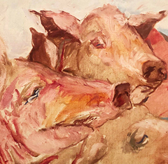 Painting of pigs closeup. Hues of pink, tan, and brown outline multiple pigs with their snouts, eyes, mouths, and ears showing.