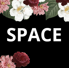 Black background. SPACE is written in a white font. Pink, red, and white flowers surround the word above and tumbling below.