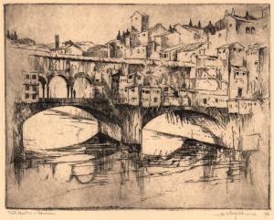 An etching and drypoint by Marjorie S. Garfield of Ponte Vecchio in Florence.