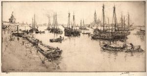 An etching by James McBey of Shipping in the Guidecca Canal.