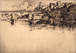 An etching by Ernest David Roth of Ponte Vecchio in Florence.
