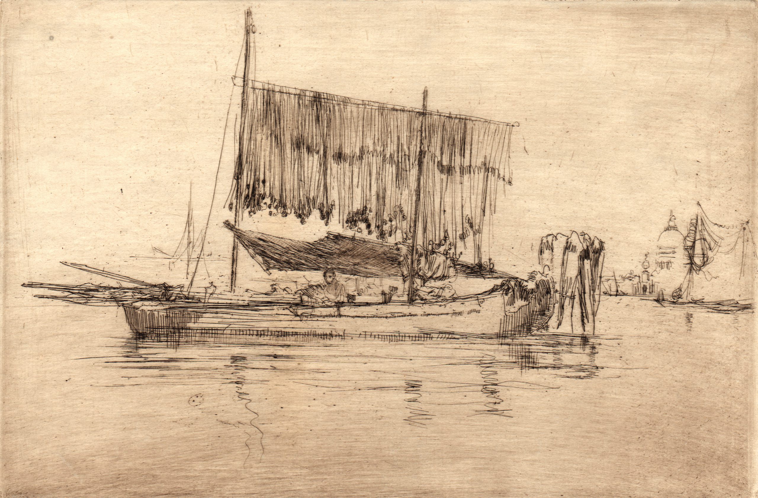 An etching by Whistler of a fishing boat. 