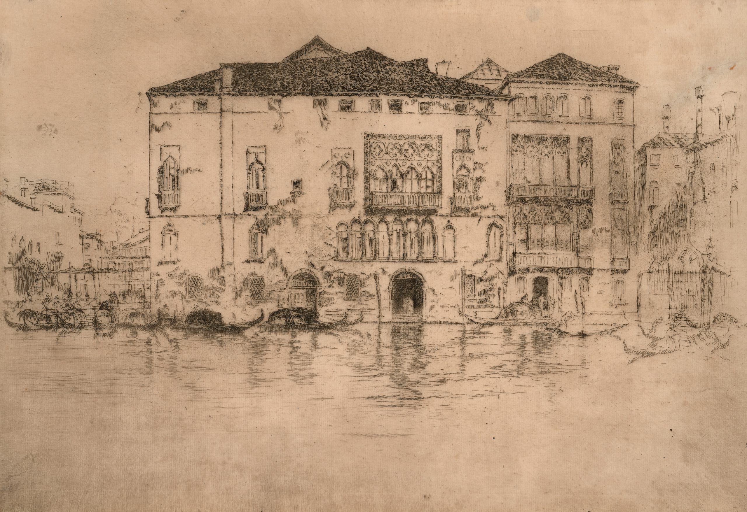 An etching and drypoint by Whistler of The Palaces on the water in Venice.