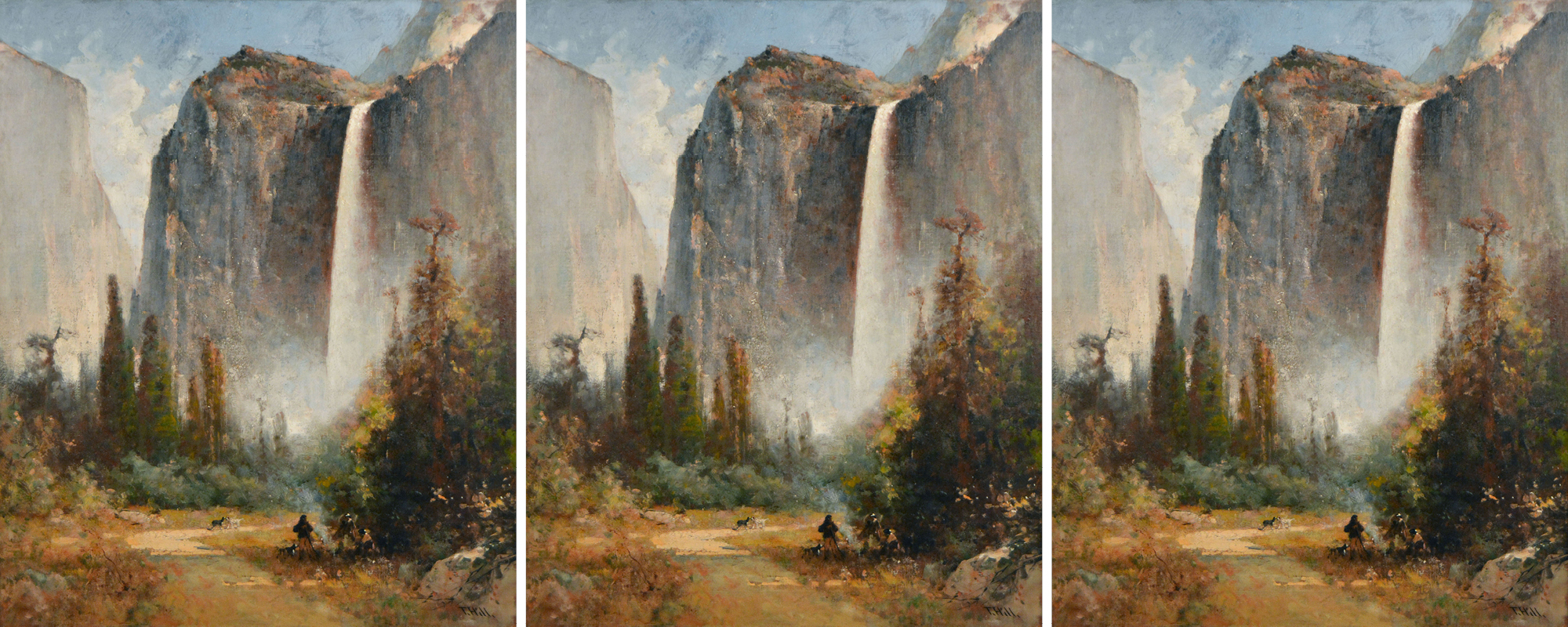 Painting of a mountain scene. Trees, people, and dogs are below on the ground. The mountain takes up 75% of the canvas. Image repeats three times.