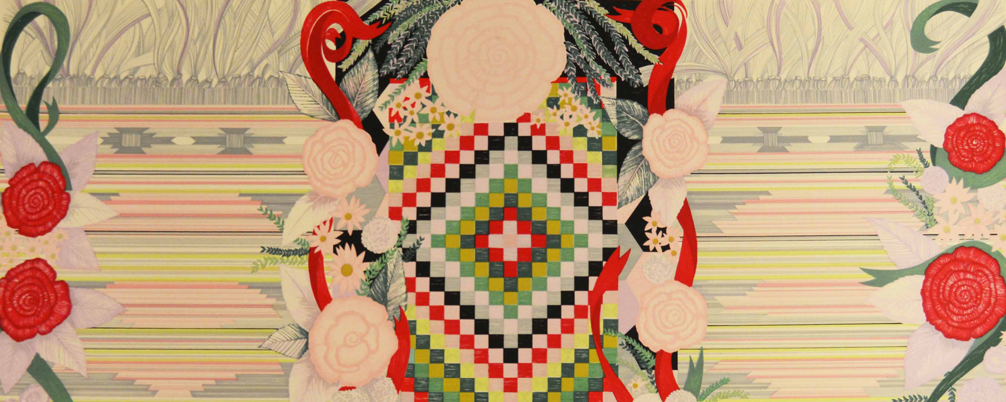 Watercolor and pen/graphite drawing on thick white/off white paper. Diamond, quilt design at the center running vertically is framed by roses in pink and red and ribbon in red and green. Flanking center images are blanket designs in shades of light pink, yellow and light green. These areas are also bordered with drawings of roses in pink and red and ribbon in red and green.