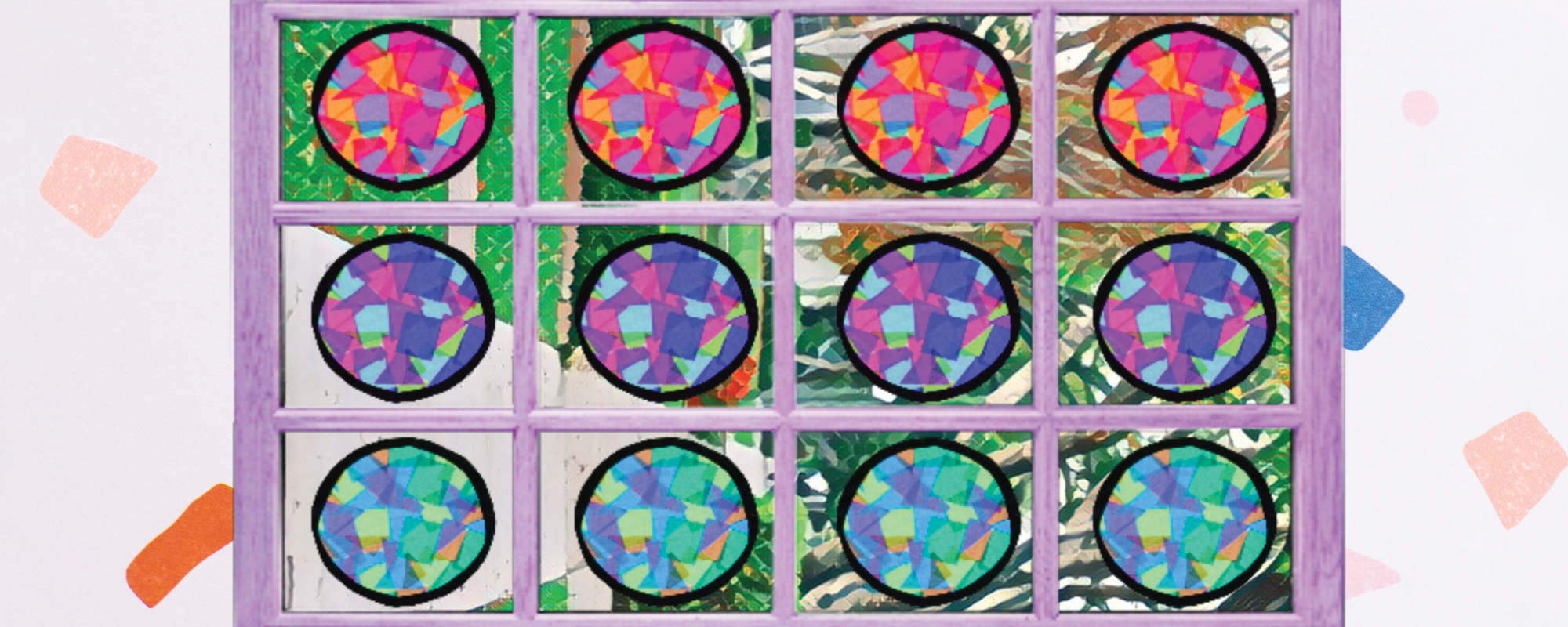 Window panes featuring tiny bits of colored paper in a round collage.