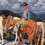 Oil painting of a cowboy on horseback.