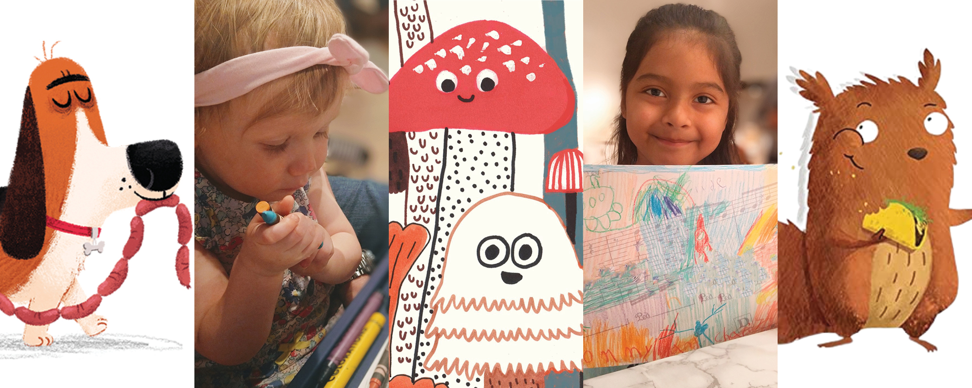 Illustrations of children's storybook characters and photos of children engaging in art activities.