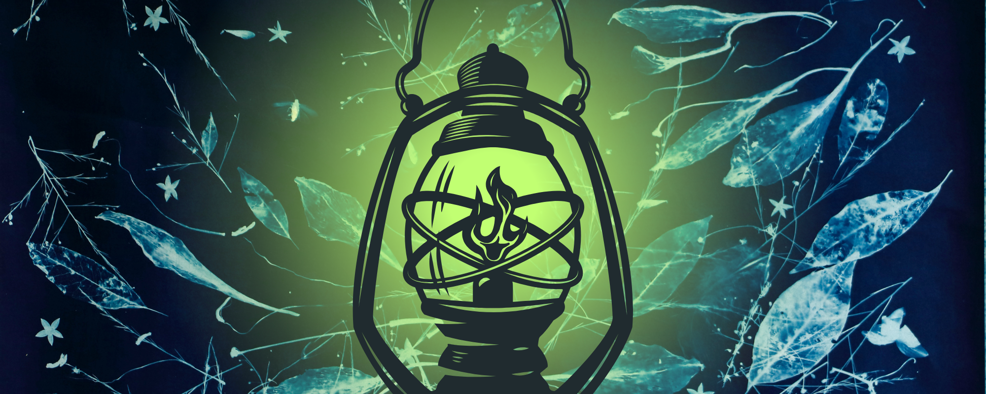 Graphic of a bright glowing lantern in colors of blue and green.