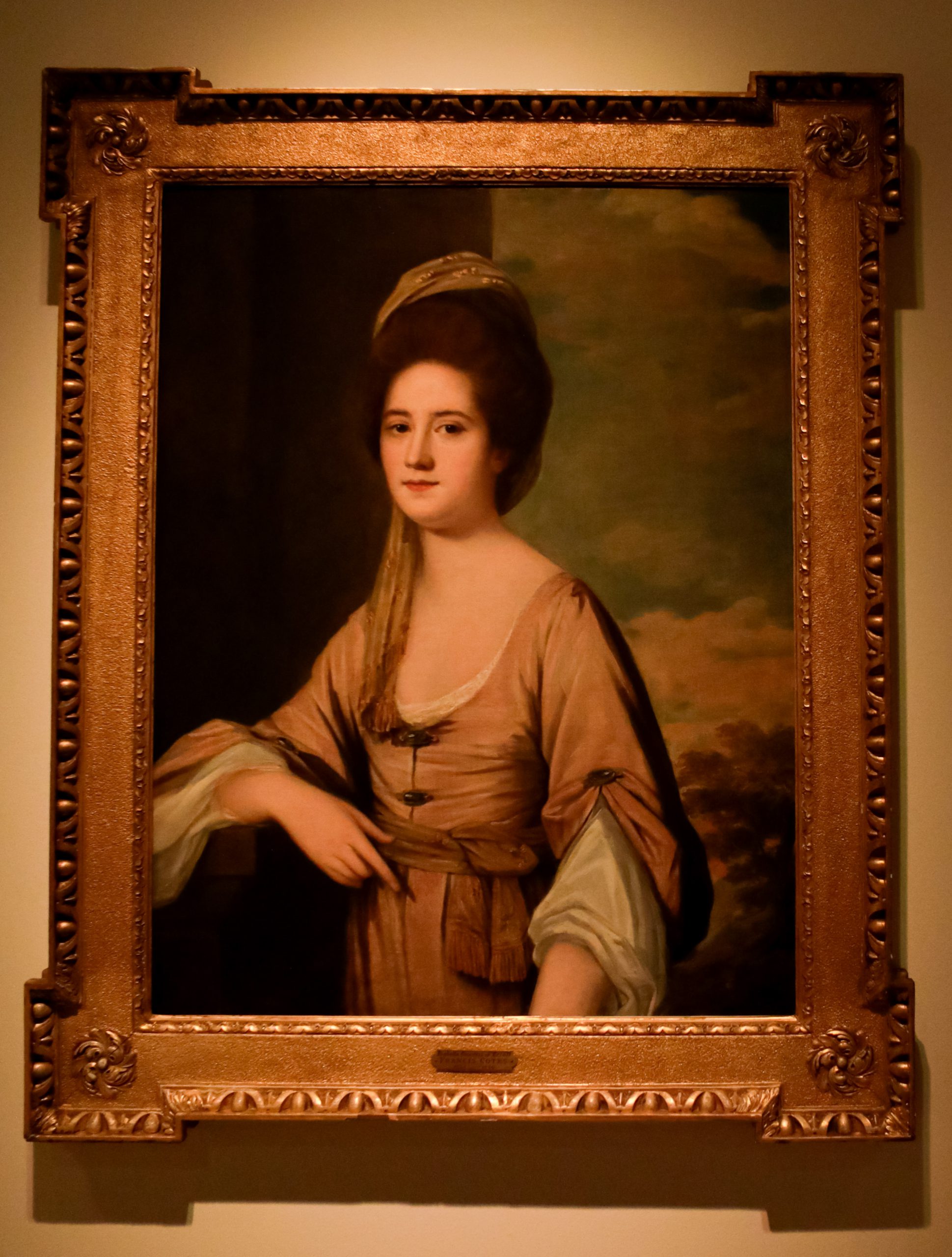 Oil painting of a woman of nobility in the 19th century. This image shows the painting as it would look under gas lighting.
