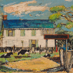 Painting of an old two-story, white house with black and white dairy cows in the front yard, a gas pump, an old blue pickup truck, clothes on the line, a water well, and a barn.