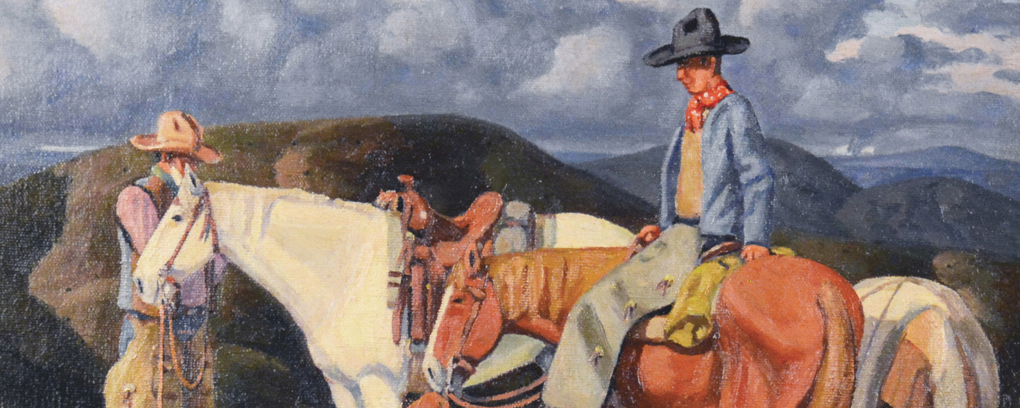 Oil painting of two cowboys and their horses.