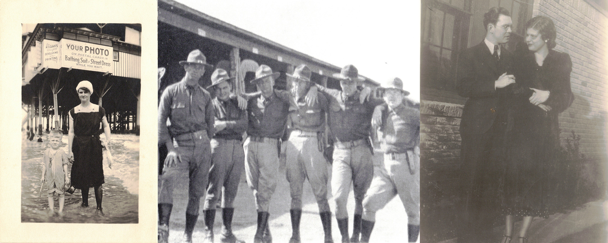 Three black and white images. From left, image of a young Bill Runyon with his mother at the beach; Middle, Bill Runyon posing with multiple members of the Corps in their uniforms; Right, Bill and Irma Runyon as a young couple. 