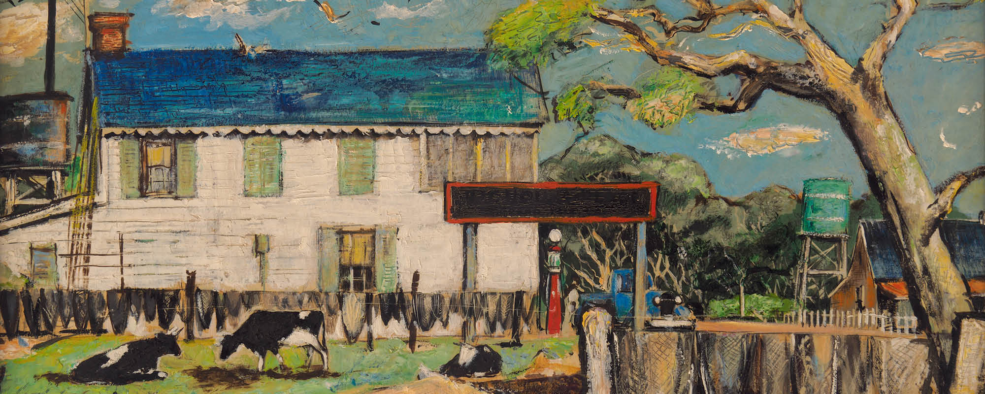 Painting of an old two-story, white house with black and white dairy cows in the front yard, a gas pump, an old blue pickup truck, clothes on the line, a water well, and a barn. 