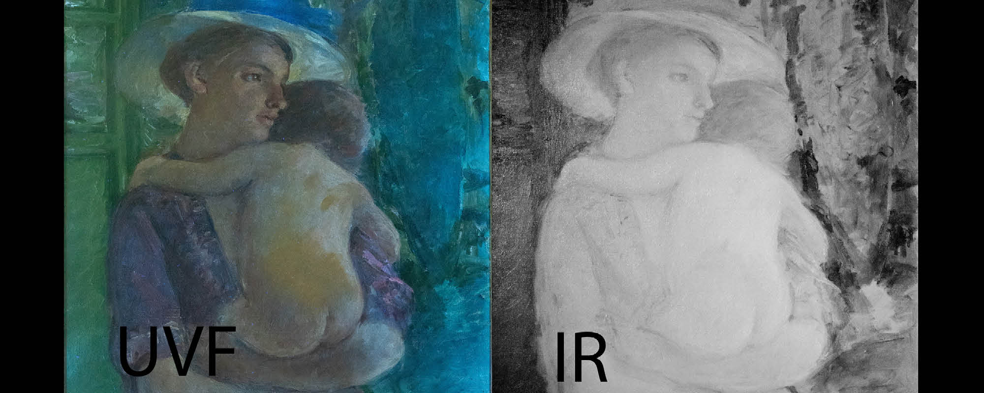 Spectral images of a Mary Cassatt painting of a woman holding a baby.