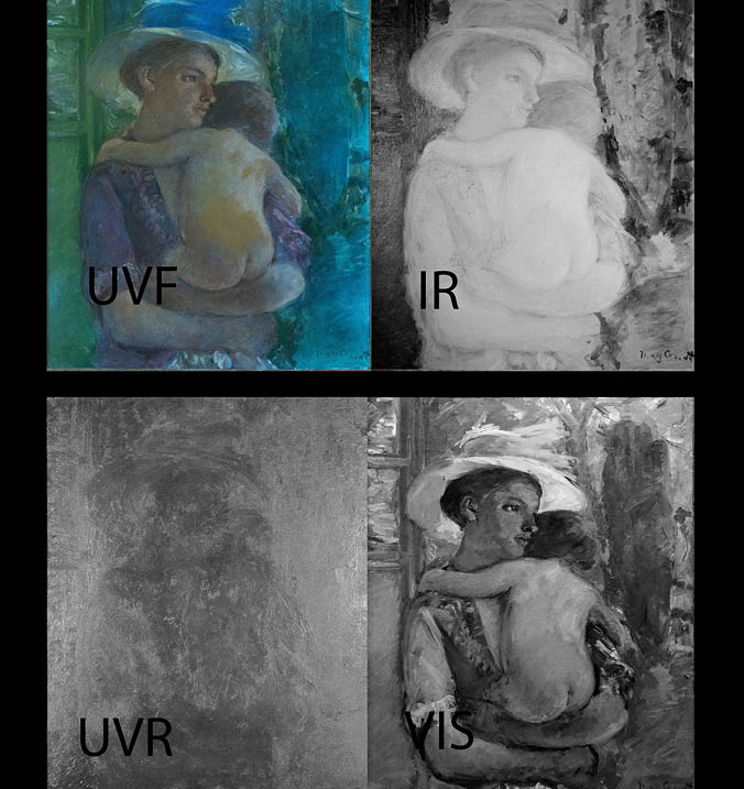 Four spectral images of a Mary Cassatt portrait of a woman holding a baby.