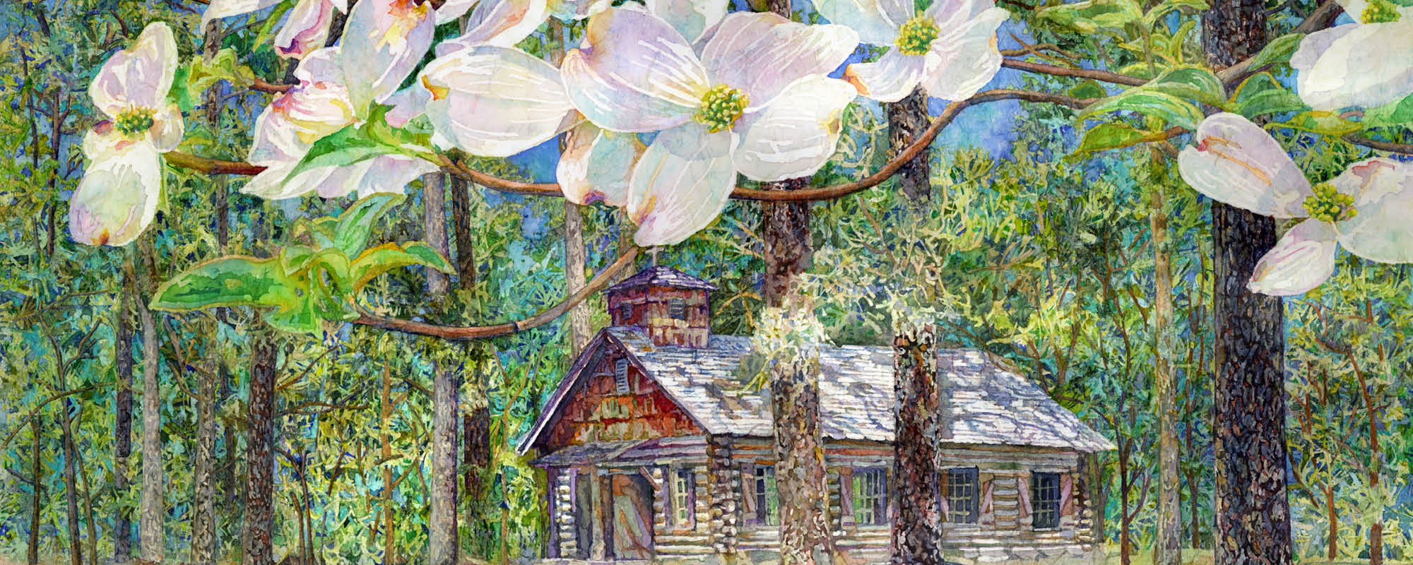 A Spanish mission building at Mission Tejas State Park, TX stands on a carpet of needles, cones, and leaves. Tall pineywoods create large pockets of shade and white dogwood blossoms cover the top of the painting.