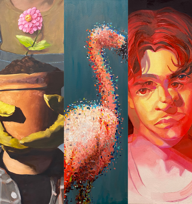 Collage of three student's artworks.