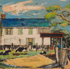Painting of an old two-story, white house with black and white dairy cows in the front yard, a gas pump, an old blue pickup truck, clothes on the line, a water well, and a barn.