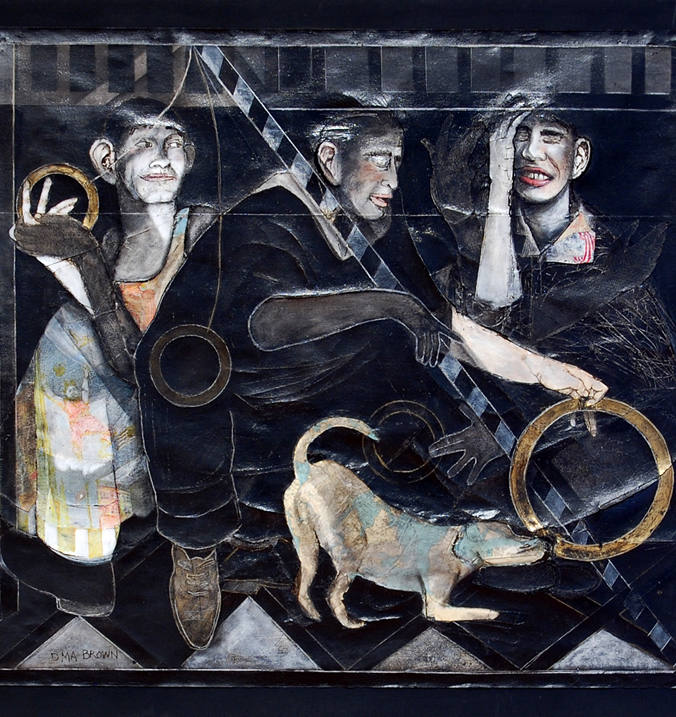 Black and white painting of three figures. One is holding a brass ring in front of a dog.